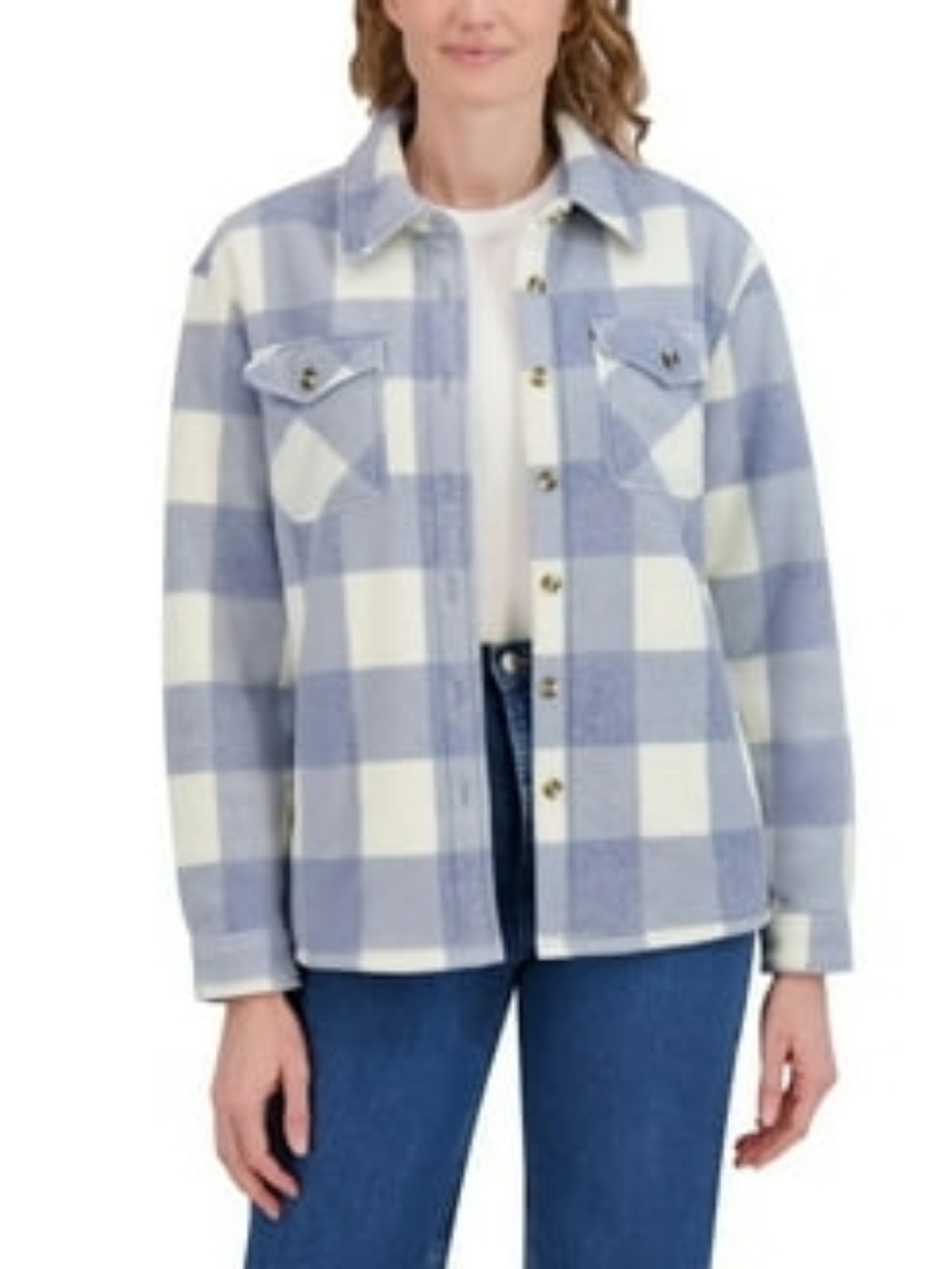 The Sage Collective Women's Plaid Plush Sherpa Lined Fleece Shirt Jacket Blue